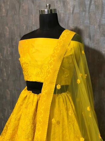 Imposing Yellow Color Silk Embroidered Work Designer Function Wear Lehenga Choli