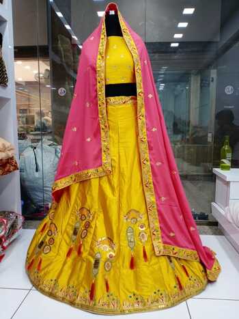 Beautiful Yellow Silk Satin Embroidered Work Lehenga Choli Design Online