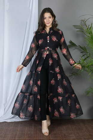 Unique Black Color Full Stitched Georgette Beautiful Printed Flower Design Kurti