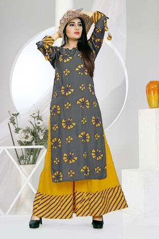 Wondrous Grey Color Ready Made Beautiful Rayon Printed Stone Work Festive Wear Plazo Kurti