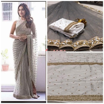 Alluring Grey Color Net Embroidered Saree with blouse For Women