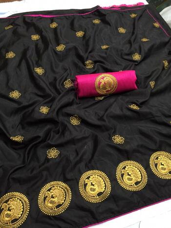 Lovely Black Embroidered Sana Silk Saree Blouse Design Online