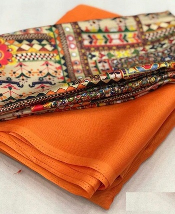 Orange Color Moss Chiffon Plain Saree Printed Blouse Material