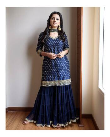 Indo Western Navy Blue Color Classic Georgette Ruffle Layer Embroidered Work Designer Lehenga Choli For Women