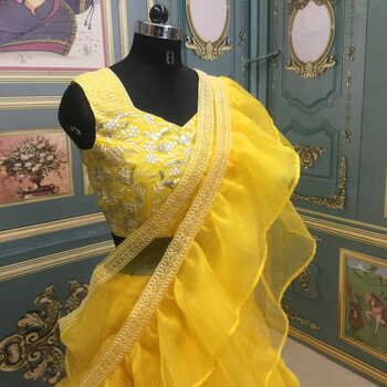 Spectacular Yellow Color Wedding Wear Ruffle Designer Organza Embroidered Work Lehenga Choli For Women