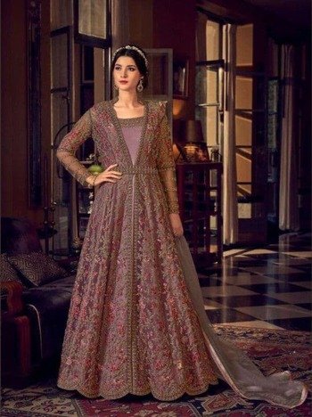 Violet Color Net Emmbroidered Work Wedding Wear Indo Western Suit