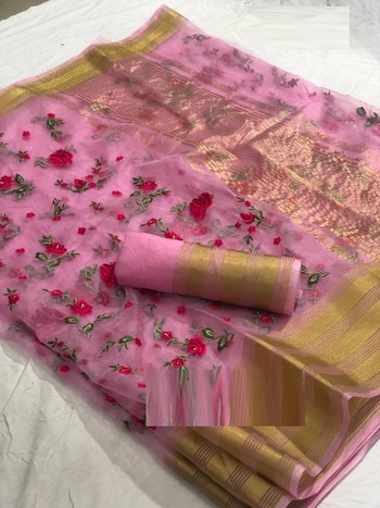 Organza Net Party Wear Embroidered Pink Color Saree For Women