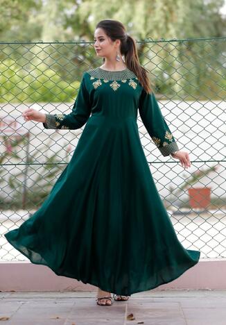 Adorable Dark Green Color Designer Rayon Embroidered Work Full Stitched Gown For Wedding Wear