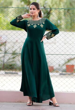 Adorable Dark Green Color Designer Rayon Embroidered Work Full Stitched Gown For Wedding Wear