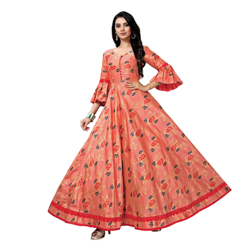 Breathtaking Orange Color Silk Flower Printed Full Stitched Gown