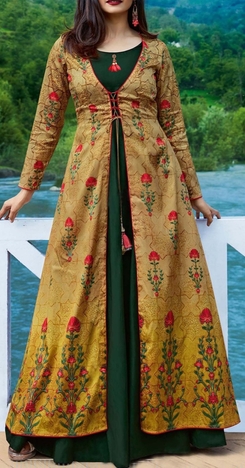 Beautiful Dark Green Cotton Rayon Full Stitched Gown With Poly Print Rayon Koti For Party Wear