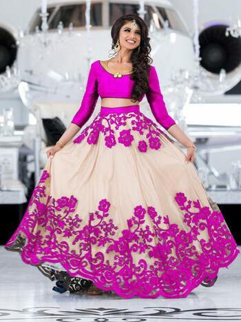 Tremendously Pink Color Fancy Net Chine Work Design Indian Wear Lehenga Choli For Women