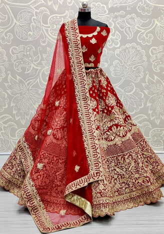 Red Designer Velvet Embroidered Work Lehenga Choli For Wedding Wear