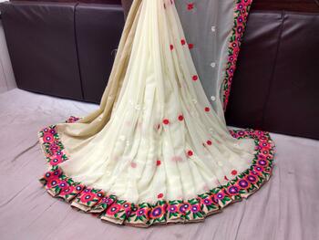 White Georgette Embroidered Saree With Blouse Design Online