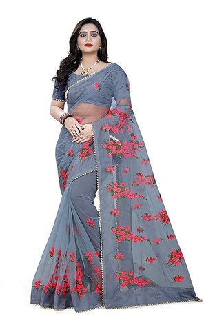 Function Wear Grey Net Embroidered Work Saree For Women