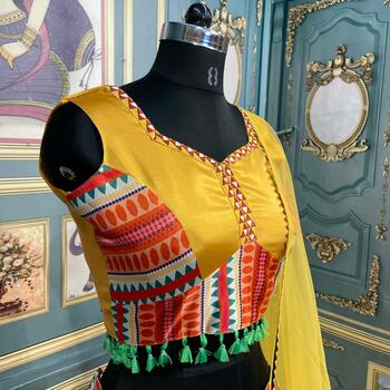 Wedding Wear Yellow Color Gotta Satin Designer Digital Printed Lehenga Choli For Women