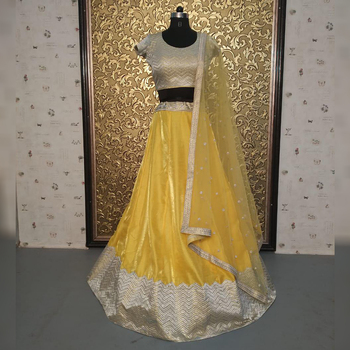 Delightful Mustered Yellow Color Embroidered Satin Lehenga Choli