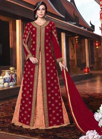 Maroon Color Embroidered Zari Work Silk Unstitched Salwar Suit design