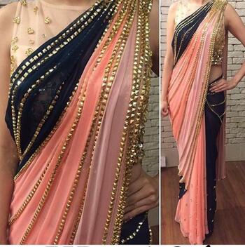 Peach Color Georgette Sequence Work Ready Made Lace Saree Blouse For Wedding Wear