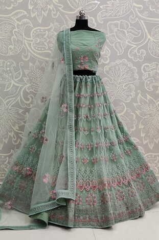 Dazzling Sea Green Color Bridal Wear Net Embroidered Multi Thread Work Lehega Choli