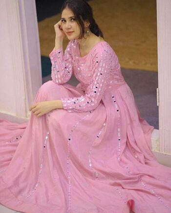 Wonderful Baby Pink Color Full Stitched Function Wear Georgette Fancy Embroidered Work Gown For Women