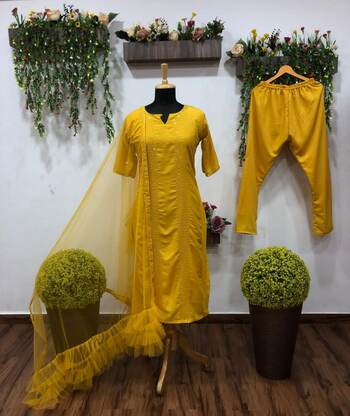 Mustard Ready Made Rayon Thread Fancy Sequence Work Salwar Suit