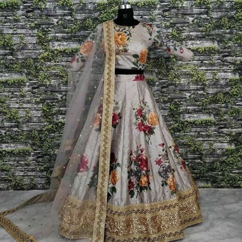 Grey Color Satin Printed Embroidered Work Lehenga Choli