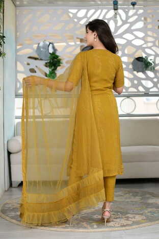 Mustard Ready Made Rayon Thread Fancy Sequence Work Salwar Suit