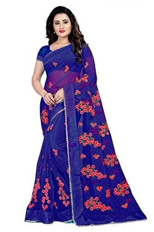 Fancy Wear Navy Blue Net Embroidered Work Saree Design Online