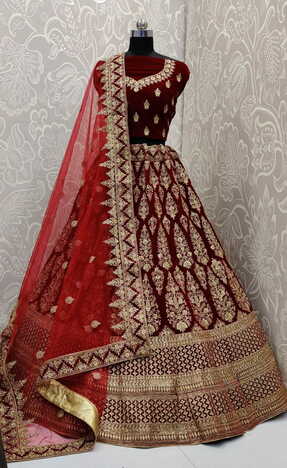 Gorgeous Maroon Color Pure Velvet Zari Thread Diamond Embroidered Work Lehenga Choli