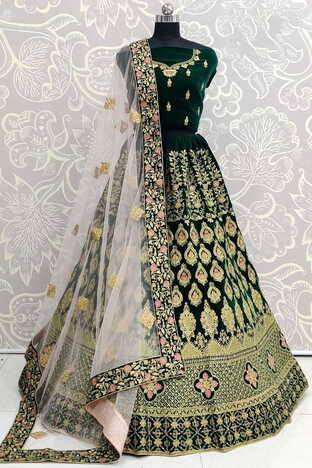 Absorbing Green Color Bridal Wear Velvet Soft Embroidered Zari Thread Diamond Work Lehenga Choli