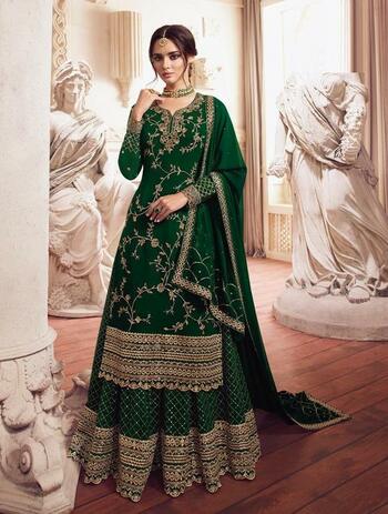 Rapturous Green Color Faux Georogette Heavy Embroidered Anarkali Plazzo Style Salwar Suit For Women