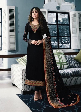 Stupendous Black Color Georgette Stone Embroidered Straight Cut Salwar Suit For Women For Function Wear