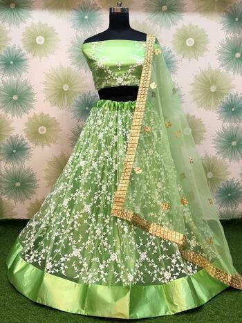 Wonderful Light Green Color Net Embroidered Thread Work Wedding Wear Lehenga Choli