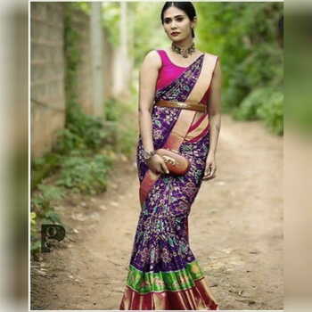 Gorgeous Purple Color Wedding Wear Digital Printed Designer Patola Banarasi Gotta Satin With Belt Saree Blouse