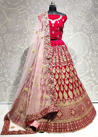 Attractive Wear Pink Color Embroidered Thread Zari Diamond Soft Velvet Lehenga Choli For Women