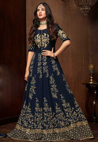 Artistic Blue Color Georgette Embroidered Semi Stitched Long Anarkali Suit