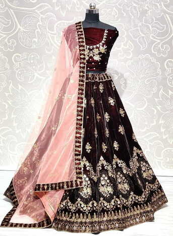 Distinct Maroon Color Bridal Wear Velvet Embroidered Zari Sequence Work Lehenga Choli