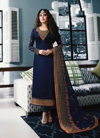 Lovable Navy Blue Color Straight Cut Design Georgette Embroidered Stone Fancy Occasion Wear Salwar Suit