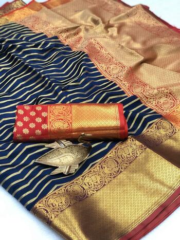 Pretty Navy Blue Banarasi Silk All Over Zari Weaving Saree