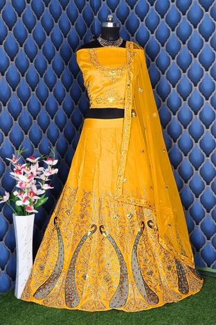 Lavishing Yellow Color Designer Raw Silk Embroidered Work Wedding Wear Lehenga Choli