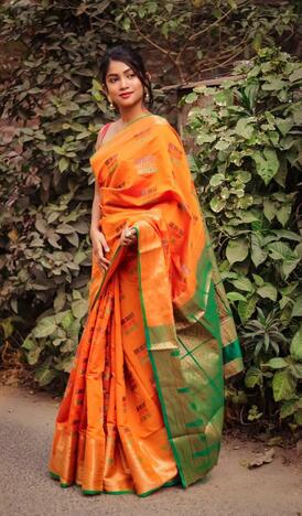 Dismaying Orange Color Wedding Wear Banarasi Silk All Over Zari Work Saree Blouse