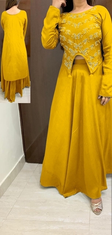 Astounding Yellow Colour Rayon With Emb Work Kurti With Skirt