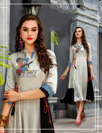 Appealing Grey Color Party Wear Ready Made Digital Printed Cotton Kurti For Women