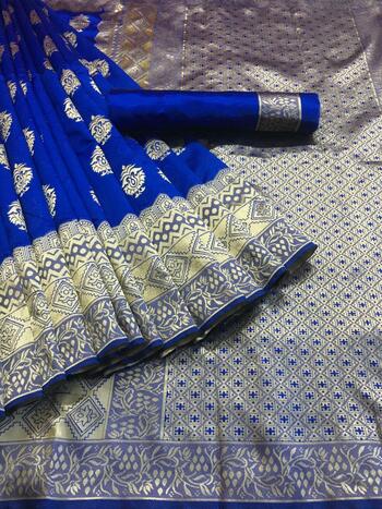 Royal Blue color Banarasi Silk Base Saree With Blouse Design Online