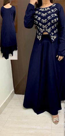 Navy Blue Colour Rayon With Hand Work High Low Crop Top With Skirt