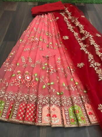 Peach Organza Diamond Cut Design Lehenga Choli For Women