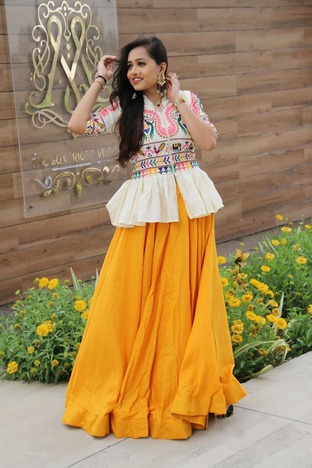 Mustard Color Embroidered Work Cotton Indo Western Lehenga