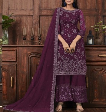 Wine Color Festive Wear Net Sequence Work Salwar Suit