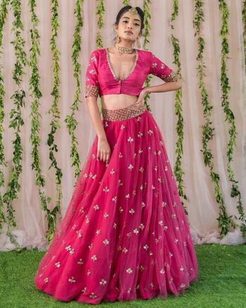 Function Wear Rani Pink Color Soft Net Designer Embroidered Butti Work Fancy Lehenga Choli Design Online